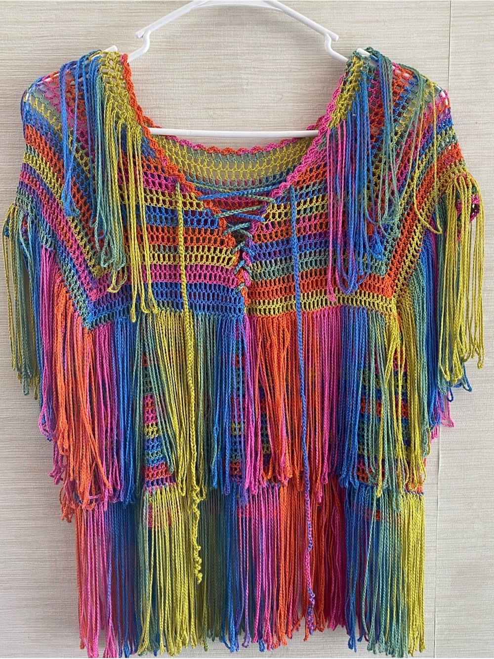 Boho Crochet Fringe Festival Top Rainbow Mesh Ladies Small